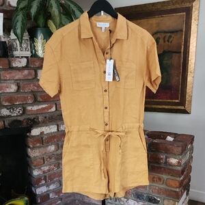 Michael Stars Mustard Linen Romper Short Sleeve Tie Waist